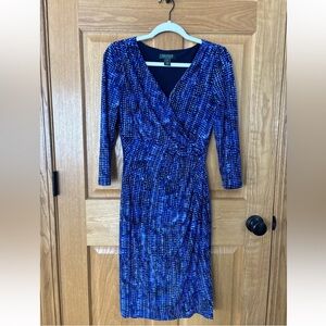 Lauren Ralph Lauren Multi Blue Ruched Waist 3/4 Sleeve Sheath Dress Size 6